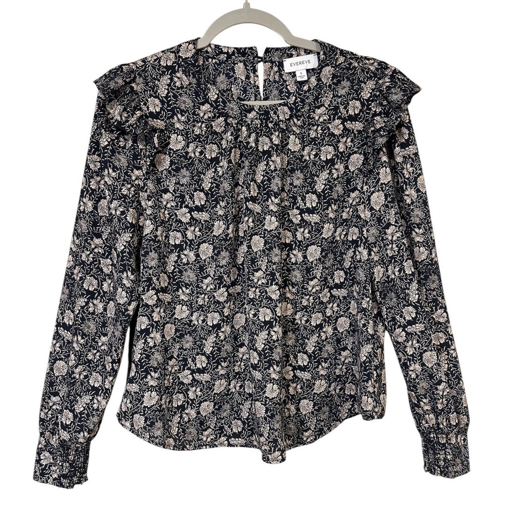 Evereve Black Floral Long Sleeve Blouse with Ruffle Shoulders Size‎ Small